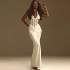 Elegant Women Lace up Maxi Dress Sexy Backless Pleated Sheath Dress
