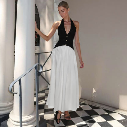 Fall Women Clothing French Sexy Halter Backless Contrast Color Fastener Decoration Dress