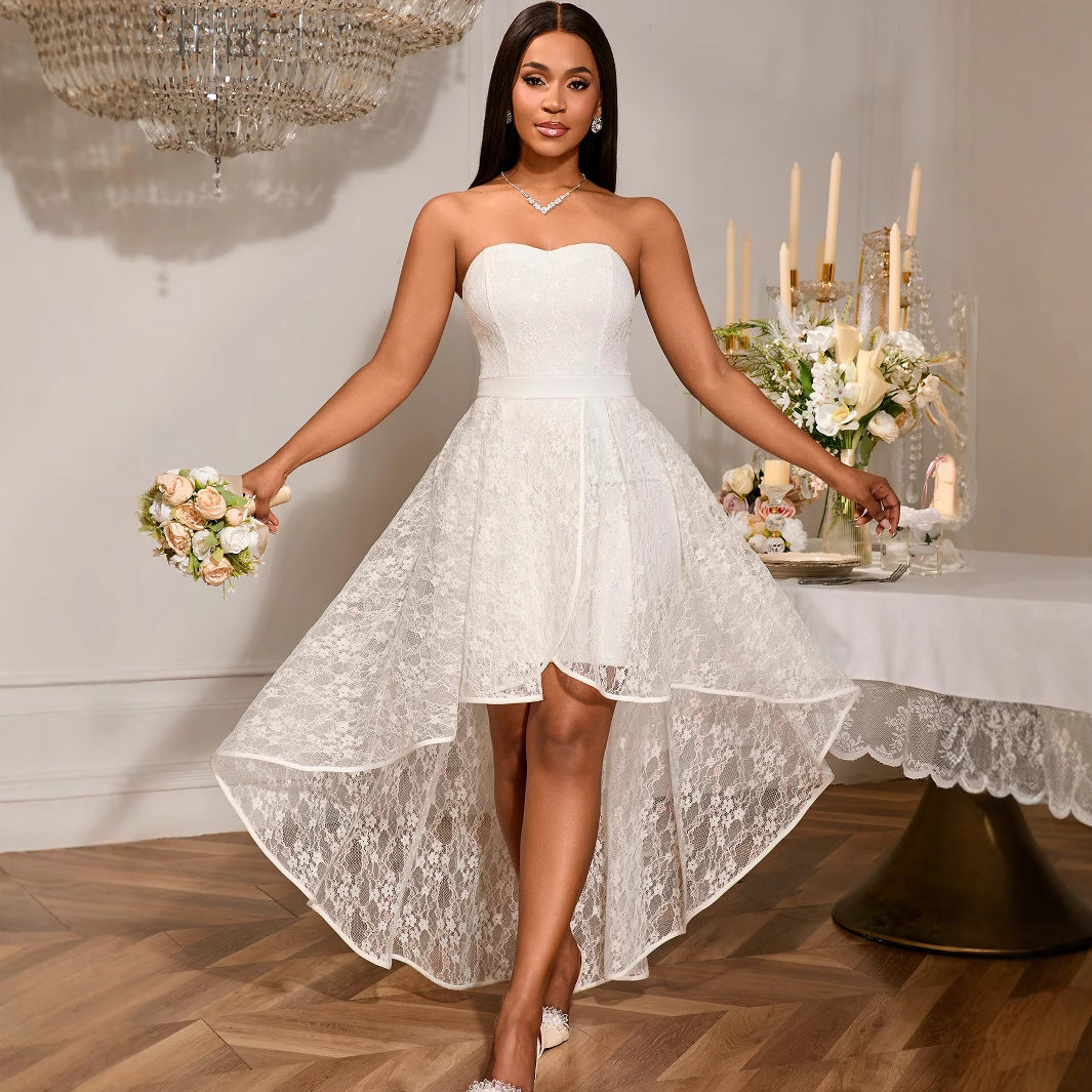 Robe bustier sexy en dentelle jacquard élégante, robe de demoiselle d'honneur blanche