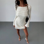 Texture Flared Sleeve Backless Lace up French Gentle Slim Fit Dress Yiskiss