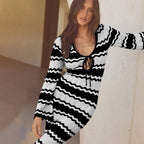 Vestido de punto a rayas sexy con aberturas y cortes, vestido playero atado.