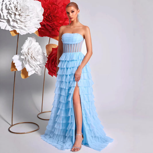Ice Blue Strapless Evening Dress Three Dimensional Multi Layer Mesh Design See through Waist Split Cocktail Dress Ladys
