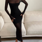 Vestido ajustado de manga larga con cuello redondo para mujer, favorecedor y sexy con costuras de malla para alfombra roja.