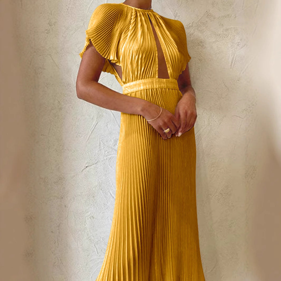 Women Clothing Dinner Party round Neck Pleated Dress Solid Color Ruffle Sleeve Women Evening Dresses Venly