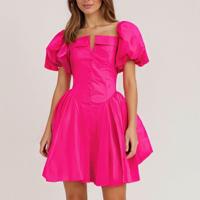 French Elegant Short Collarless Sleeve Waist Slimming Design High Waist Dress Women Ory