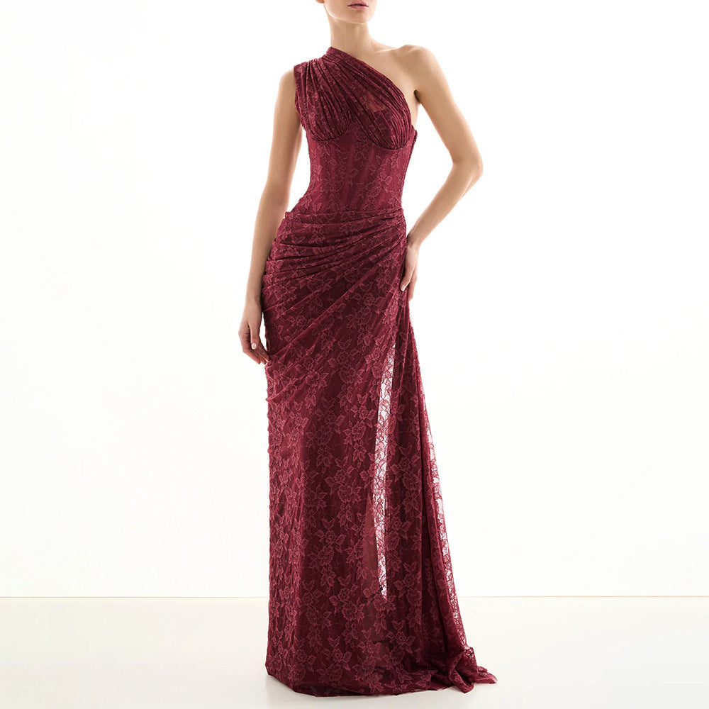 Women Sexy Deep V Plunge Neck Backless Hip Hugging Burgundy Dress Lace Pleated Fishtail Dress Sight