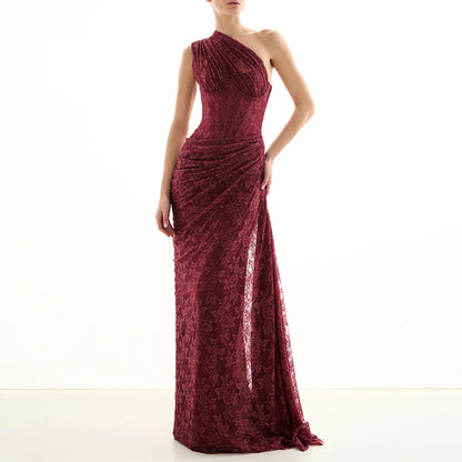 Women Sexy Deep V Plunge Neck Backless Hip Hugging Burgundy Dress Lace Pleated Fishtail Dress Sight