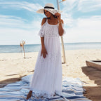 Rayon Stitching Lace Embroidery Beach Cover up Sexy Sling Dress Seaside Bikini Cover FlowWhite
