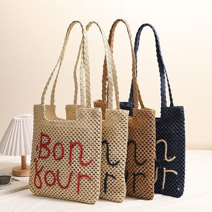 Bolso de paja con un solo hombro, bordado con letras y estampado gráfico, con aberturas y recortes, tejido, para playa y vacaciones, para mujer 