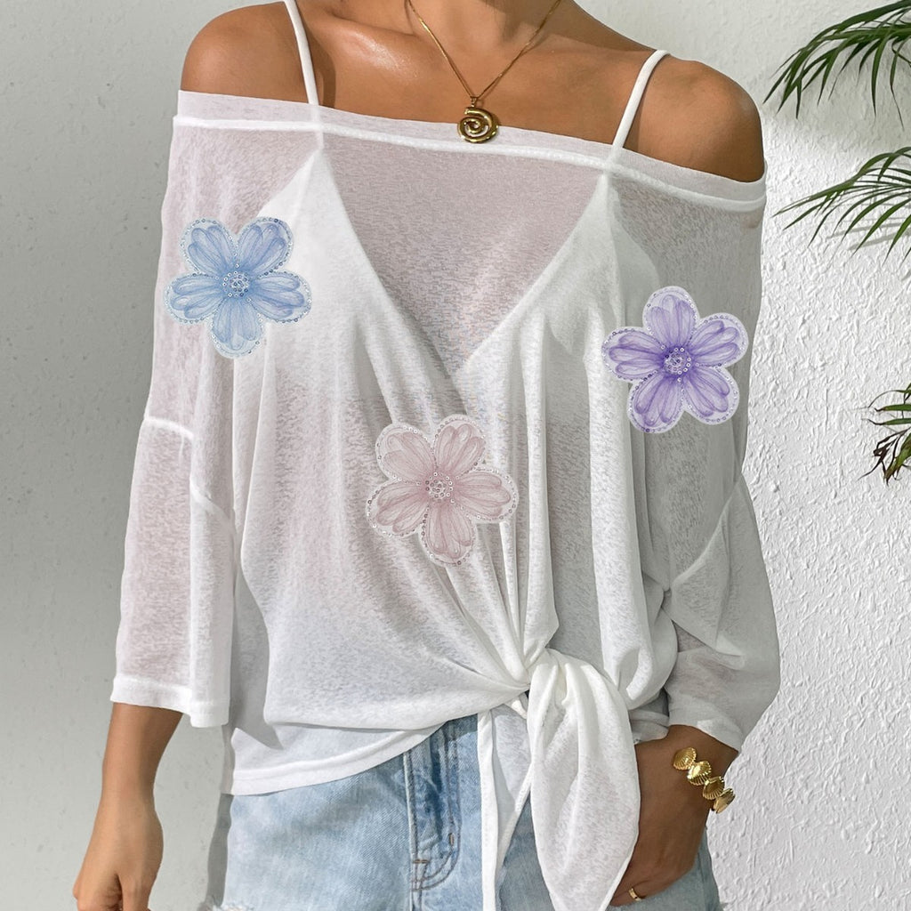 Ladies Overclothes Women Solid Color Thin Top Bandage Bow Loose off Shoulder Beach Bikini Cover up Oyimi