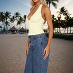 Sexy Top Summer Beach Yellow Lace Halter Strap Slim Fit Short Vest Women Outer Wear Yiskiss