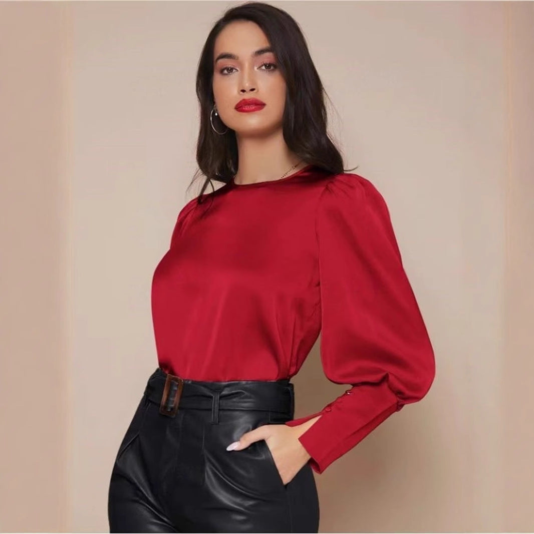 Camisa de satén de manga larga para mujer, primavera otoño, camisa de satén con mangas farol