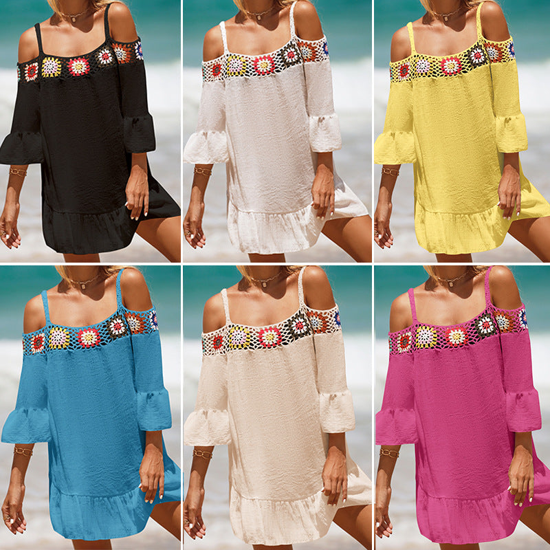 Vacation Spaghetti Straps Sun Protective Clothing Hand Crocheting Lace off-Shoulder Top Casual Short Solid-Colored Sun Protection Beach Dress