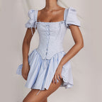 Women Clothing Bubble Sleeve Square Collar Dress Corset Princess Two Piece Sexy Dopamine Wear REBECCA