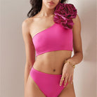 Solid Color Sexy One Shoulder Three Dimensional Floral Design Split Women Bikini Swimsuit Bonjor