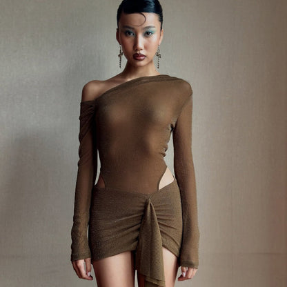 Women Clothing Autumn Sexy Diagonal Collar Solid Color Lace up Faux Two Piece Pleated Long Sleeve Narrow Dress