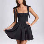 Robe bouffante d'été pour femme, col carré, taille haute, froncée, coutures, bretelles
