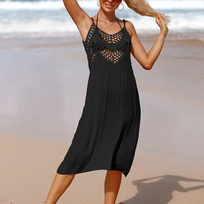Women Stitching Hand Crocheting Beach Cover up Sexy Cutout Holiday Suspender Bikini Cover