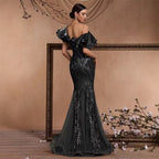 Elegant Ruffle Sleeve Sequin Elegant Cocktail Party Dinner Dress Backless Luxury Fishtail Graduation Evening