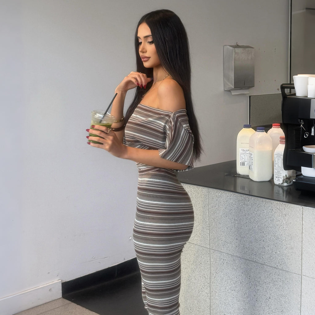 Summer Women Striped Sexy Tube Top off Shoulder Short Sleeve Skinny Knee Length Pants Set Dores