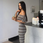 Summer Women Striped Sexy Tube Top off Shoulder Short Sleeve Skinny Knee Length Pants Set Dores