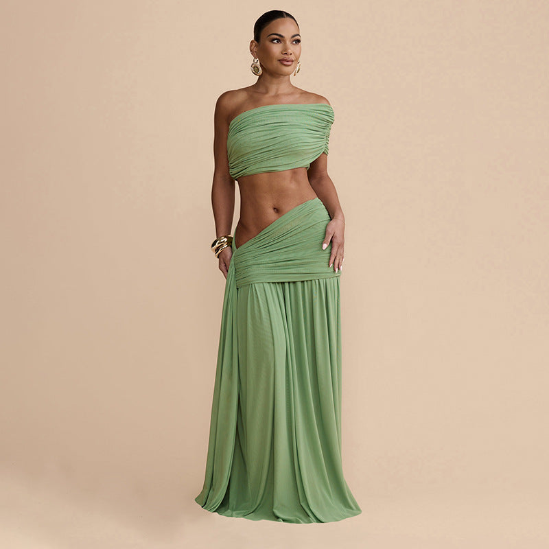 Women Clothing Spring Sexy Solid Color Tube Top Vest Slim Ribbon Pleated Skirt Sets YIMAIL