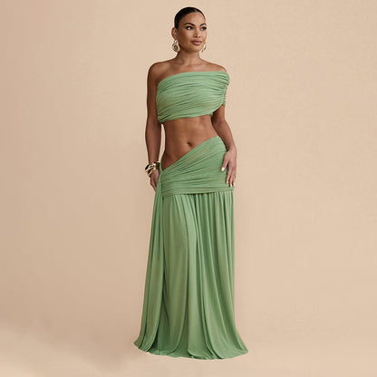 Women Clothing Spring Sexy Solid Color Tube Top Vest Slim Ribbon Pleated Skirt Sets YIMAIL