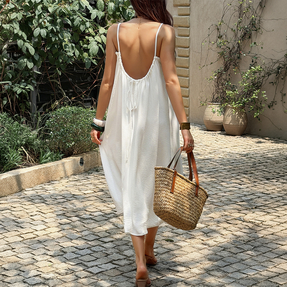 Women Clothing Summer French Vacation White Texture Pleated Dress Dee