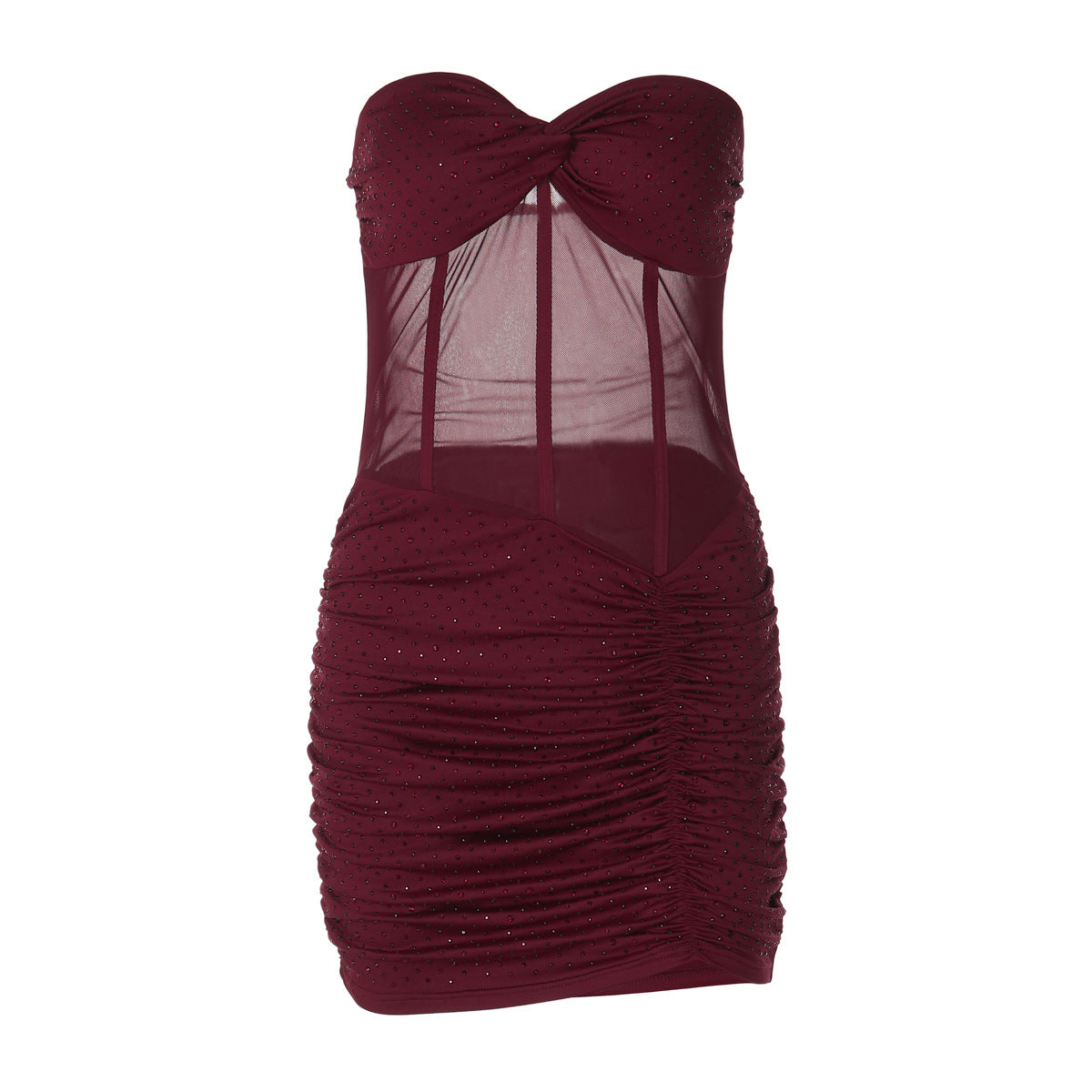 Women Clothing Sexy Mesh Stitching Hollow Out Cutout Slim Fit Rhinestone Ruffle Hip Dress for Women LEKINS