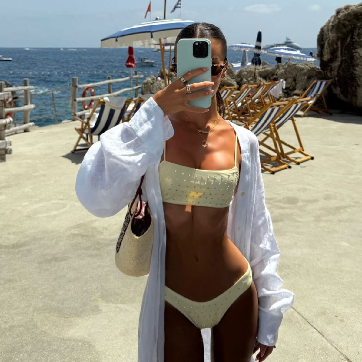 Tube Top with Diamond Solid Color Low Waist Bikini Sexy Split Swimsuit Bikini Thunder