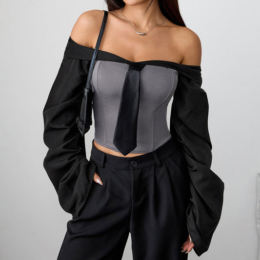 Sexy Sexy Long Sleeved Tube Top Women Fall Slim Fit Tie Wrapped Chest Boning Corset Design Short Top