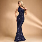 Sequin Oblique Shoulder Applique Evening Dress Women Cocktail Fishtail Host Toast Dress