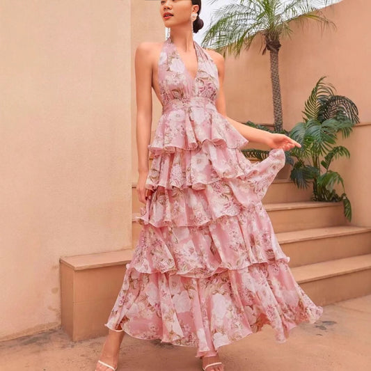 Spring Women Clothing Dress Sexy V neck Sling Multi Layer Printing Dress