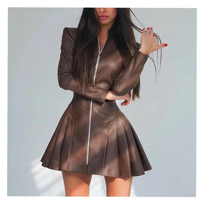 Robe ajustée à manches longues et plissée en similicuir pour femme, à la mode, avec fermeture éclair