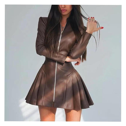 Robe ajustée à manches longues et plissée en similicuir pour femme, à la mode, avec fermeture éclair