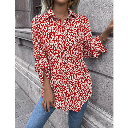 Ropa de mujer, cárdigan sexy con estampado de leopardo y botonadura sencilla, camisa con cuello, top para mujer