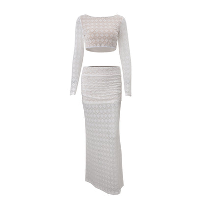 Women Clothing Autumn Sexy round Neck Cropped Long Sleeve Top Low Waist Skirt Set