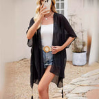 Seaside Blouse See Through Sexy Tassel Thin Cape Solid Color Travel Sun Protection Cardigan SallyCover