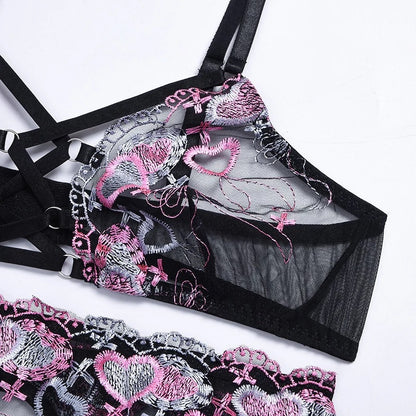 Sexy See-through Mesh Love Embroidery Strap Garter Three-Piece Set