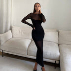 Vestido ajustado de manga larga con cuello redondo para mujer, favorecedor y sexy con costuras de malla para alfombra roja.