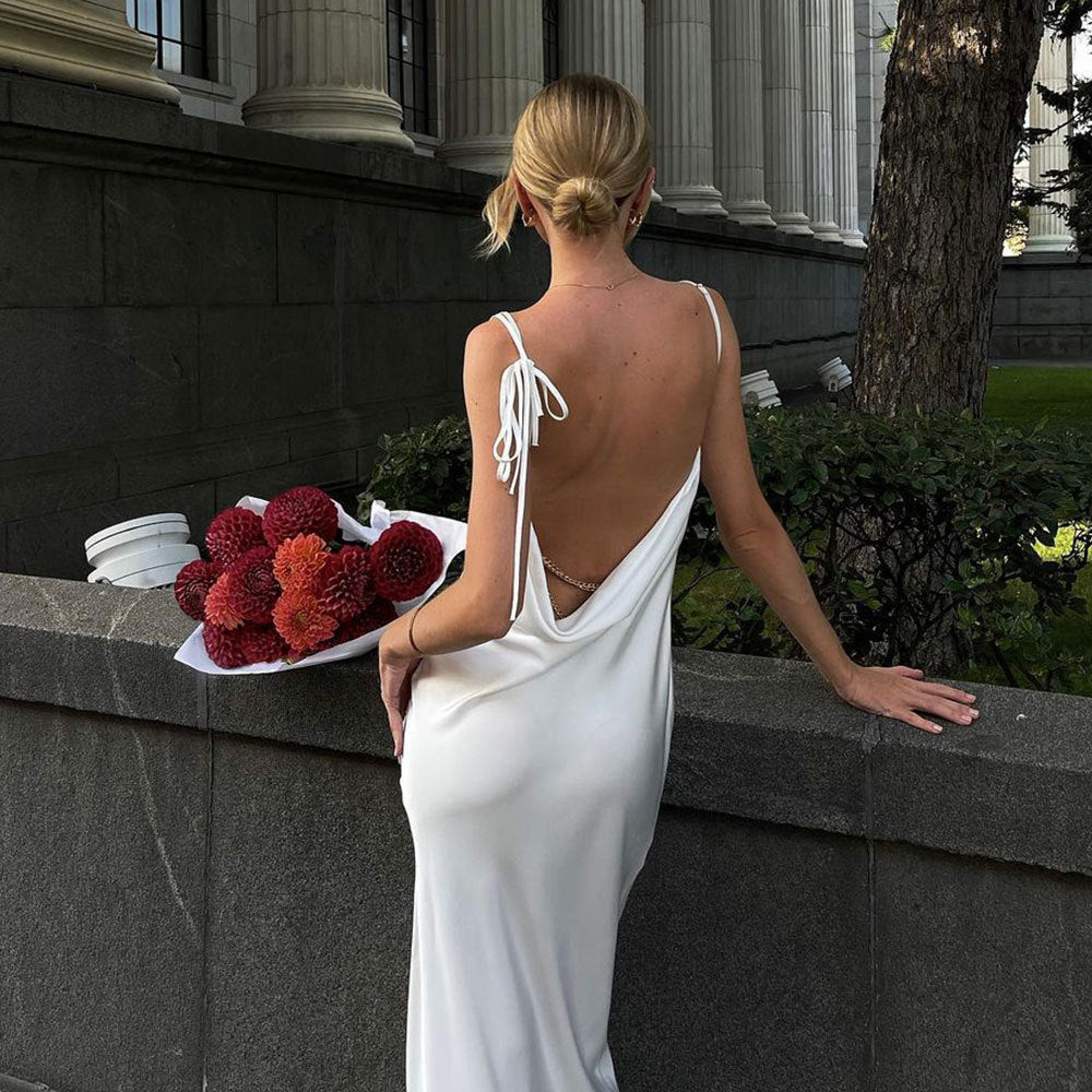 Swing Collar Sling Dress Summer High Slit Backless Lace Up Cami Dress BlueLine