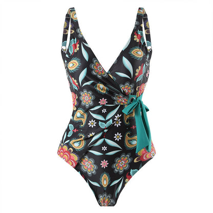 Traje de baño de gasa para mujer, estilo siamés, conservador, con espalda descubierta y falda playera