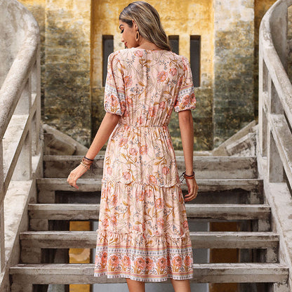 Summer Retro Women Pink Wooden Ear Printed Midi Dress Jeme