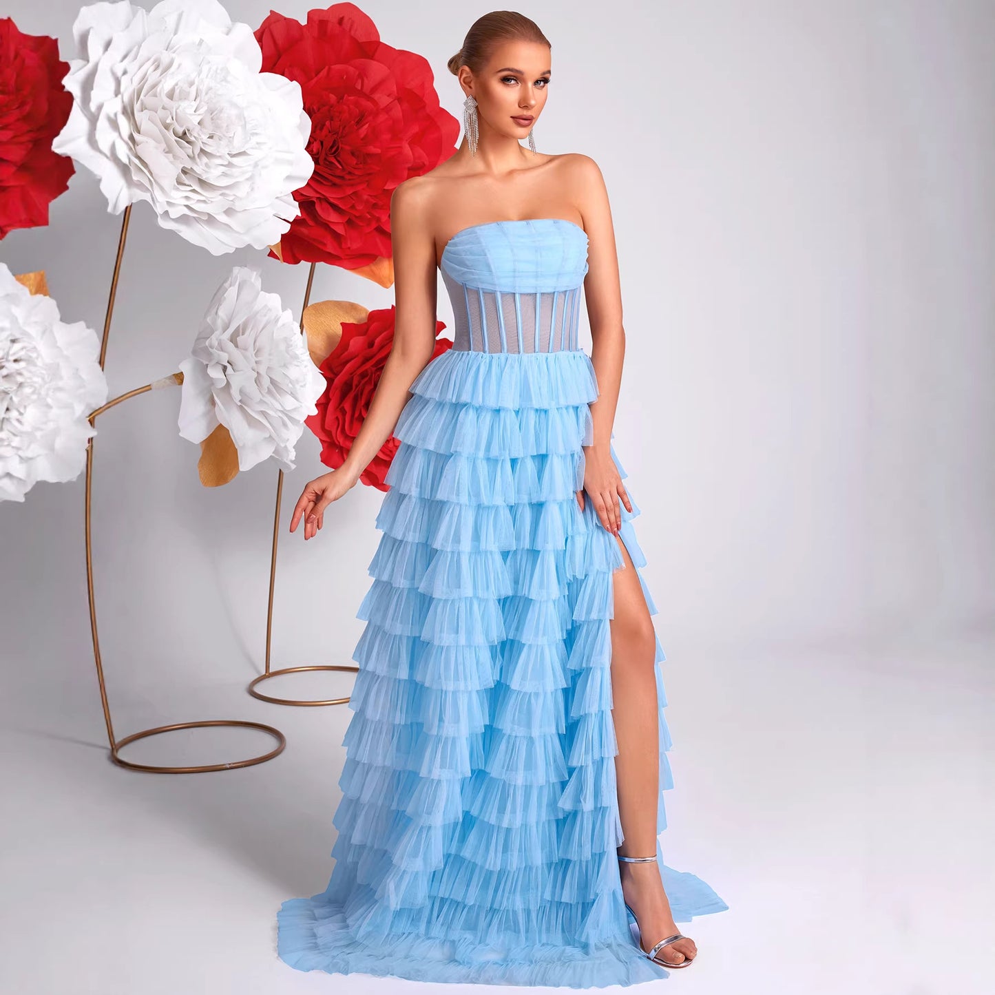 Ice Blue Strapless Evening Dress Three Dimensional Multi Layer Mesh Design See through Waist Split Cocktail Dress Ladys