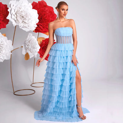 Ice Blue Strapless Evening Dress Three Dimensional Multi Layer Mesh Design See through Waist Split Cocktail Dress Ladys