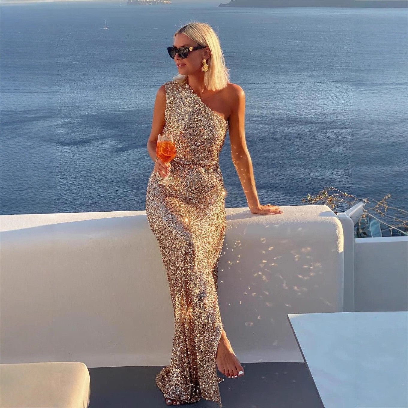 Summer One Shoulder Split Sequined off Shoulder Elegant Dress XUYUN