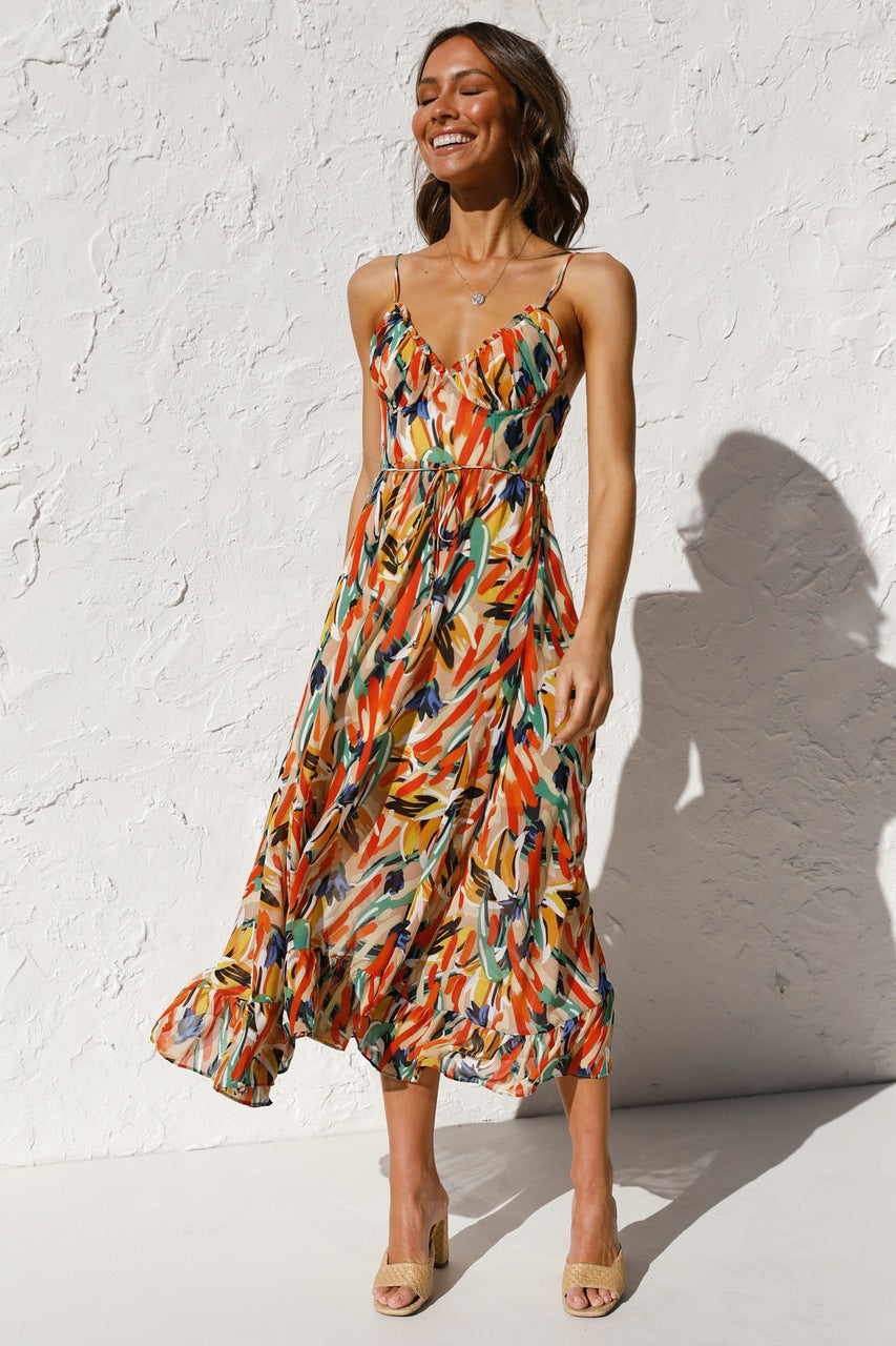 Women Printed Ruffle Sleeveless Dress Angel