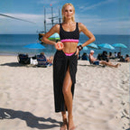 Bikini Black Background Pink Wave Ruffled High Waist Split Swimsuit Set for Women ShineRealm