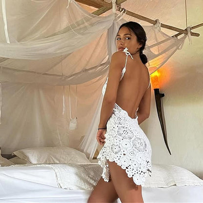 Summer Sexy Lace Cutout Solid Color Crochet Beach Cover up Dress Women