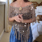Arrival Handmade Crocheted Sequined Tassel Knitted Blouse Boho Hollow Out Cutout Triangle Cape Shawl Tidee